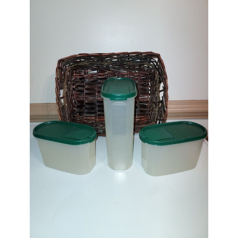 Vintage Tupperware Two Modular Mate Space Saver Set, Clear Container Green Lids